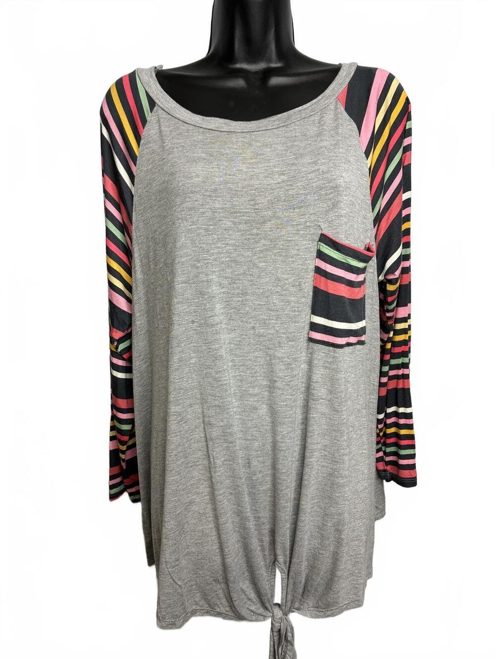 e.Luna Women's Gray Raglan Sleeve Tunic with Striped Sleeves and Pocket, Size 1X